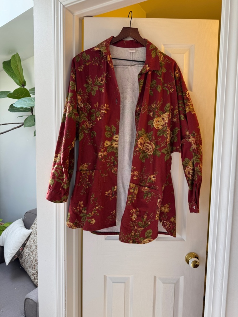 Floral Button-Up Tunic Jacket in Burgundy and Olive - oversized - handmade